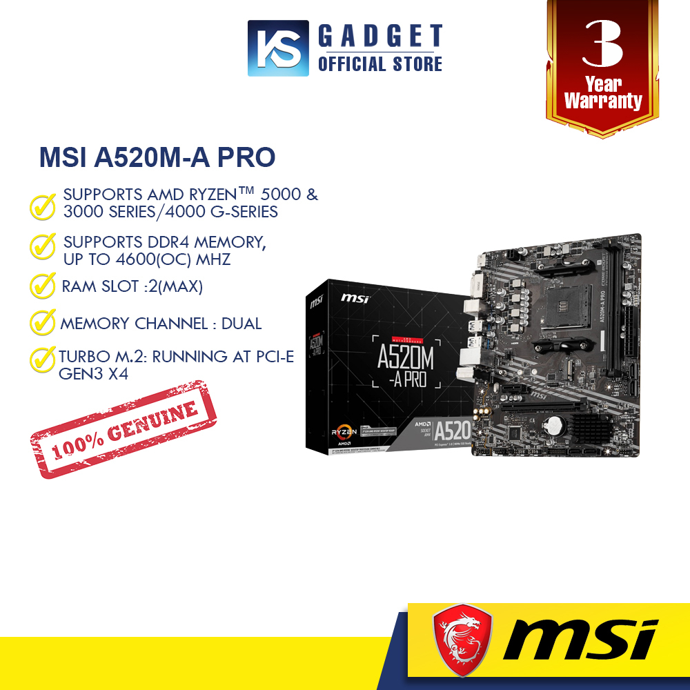 MSI A520M-A PRO / AM4 / MATX / RAM x 2 / M.2 x 1 / PCIEx16 x 1 / 3Y ...