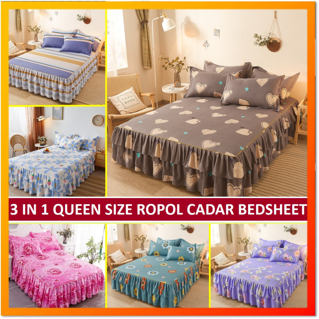 3 in 1 Cadar Ropol Queen Bed Skirt Cadar Tilam Sarung Tilam Bedsheet ...