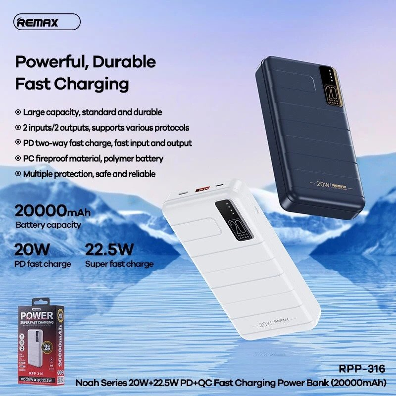 REMAX RPP316 20000mAh Noah Series 20W+22.5W PD+QC Fast Charging