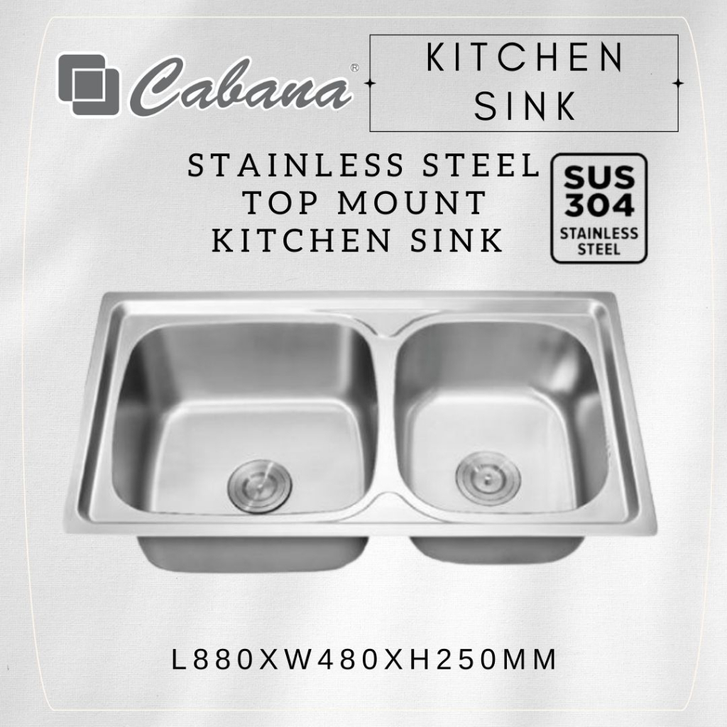 CABANA Top mount Double Kitchen Sink 0.8mm Thick Stainless Steel 304