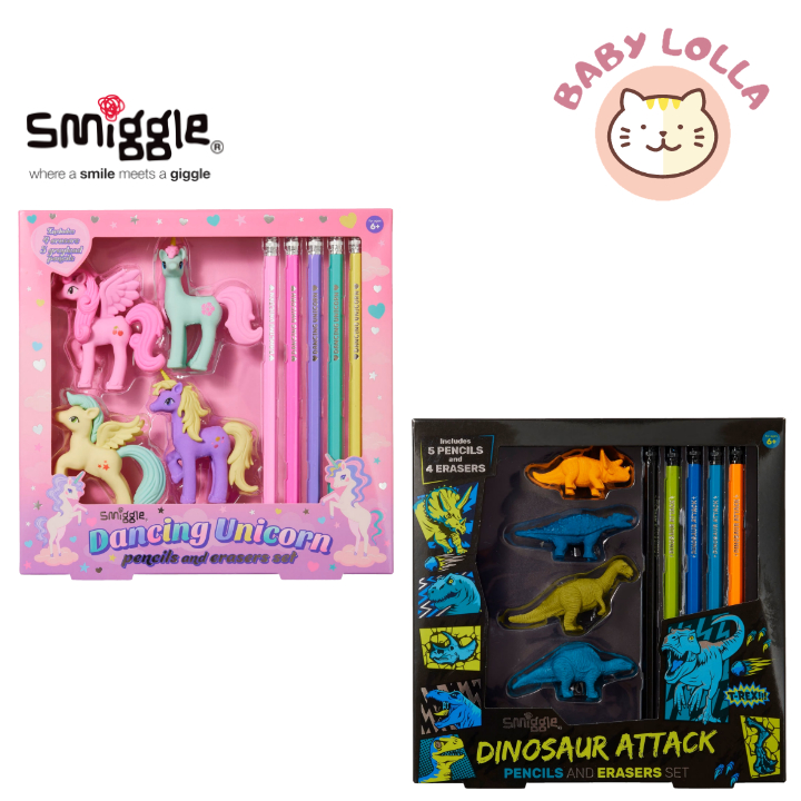 SMIGGLE Eraser & Pencil Set Gift Pack Dancing Unicorn Pink & Dinosaur