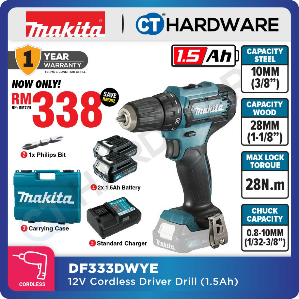 MAKITA DF333DWYE CORDLESS DRIVER DRILL 12V 1.5AH 10MM 1700RPM