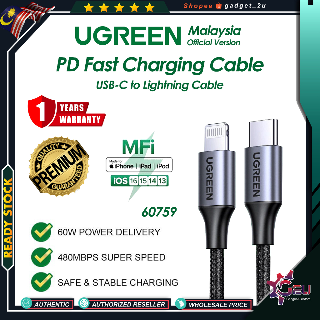 UGREEN Malaysia Official Version Braided USB C to Lightning PD Fast
