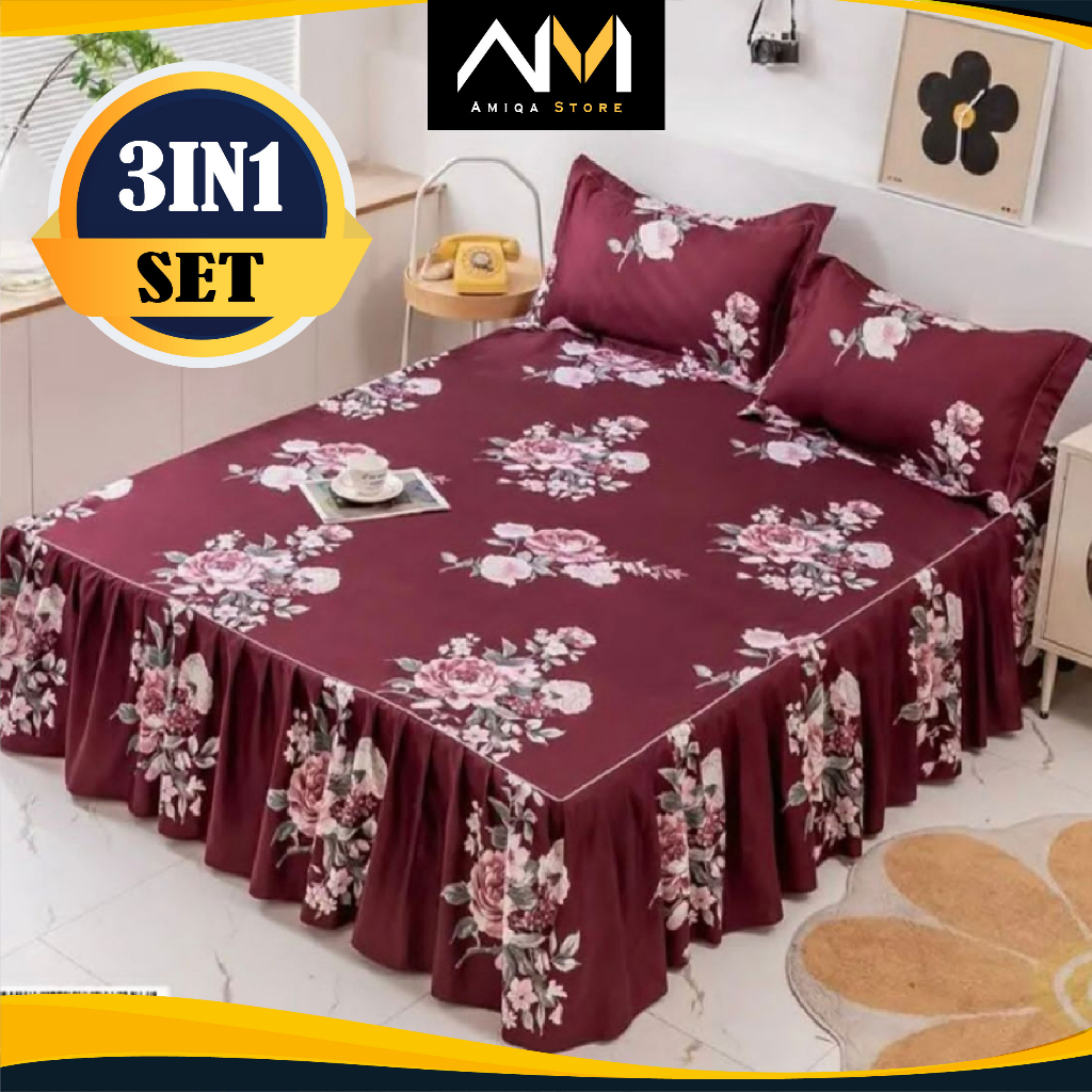 PREMIUM CADAR ROPOL (3IN1) SET QUEEN & KING BEDSHEET BEDSKIRT HIGH ...