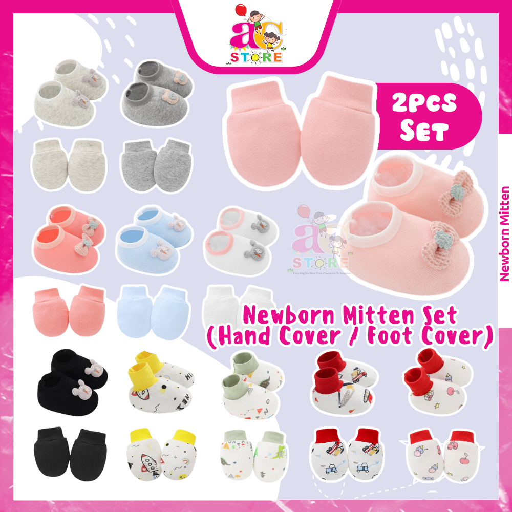 AC(2pcs/set) Unisex Infant Newborn Baby Mitten Booties Set Baby Mittens Suit Sarung Tangan Bayi
