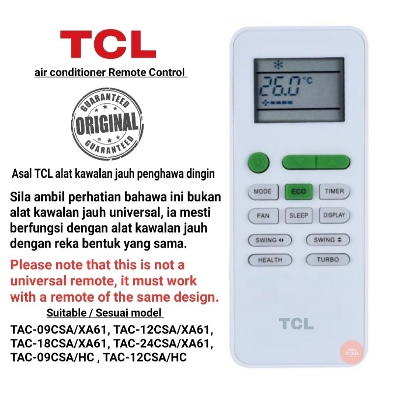 TCL air conditioner Remote Control ( Original or Replacement Remote