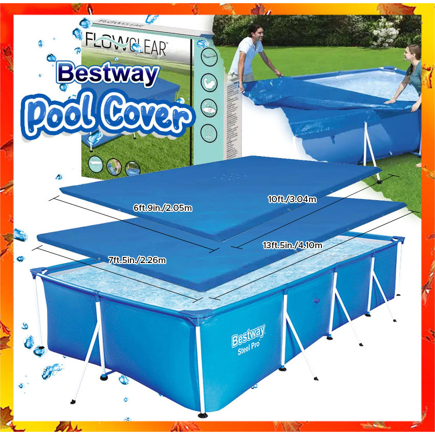 BESTWAY 58106 & 58107 2 Sizes Pool Cover Rectangular Frame Pool Cover W Rope  Tie Swimming Pool Top Cover Penutup Kolam