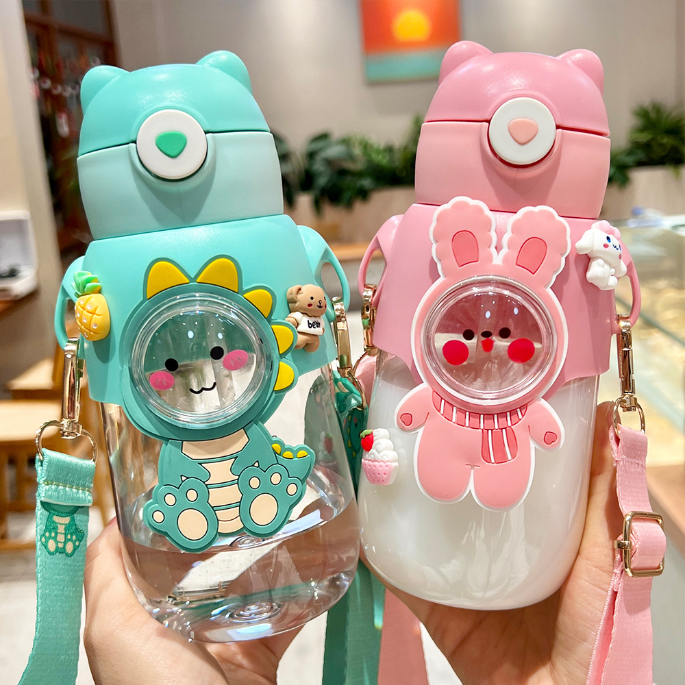 Kawaii Kids Water Bottle with Straw and Shoulder Strap, 600ml Cute ...