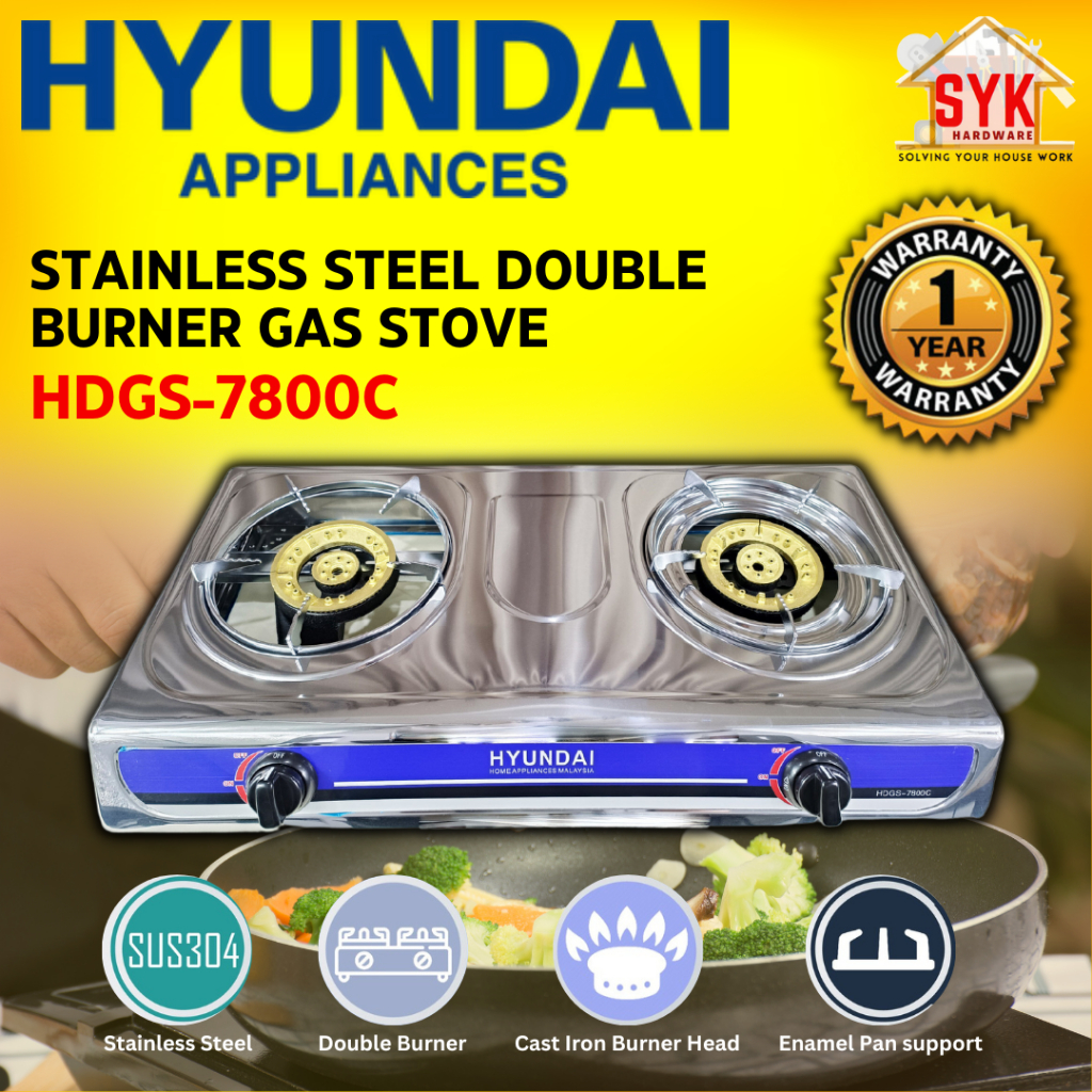 SYK HYUNDAI HDGS7800C Stainless Steel Double Burner Gas Stove Kitchen