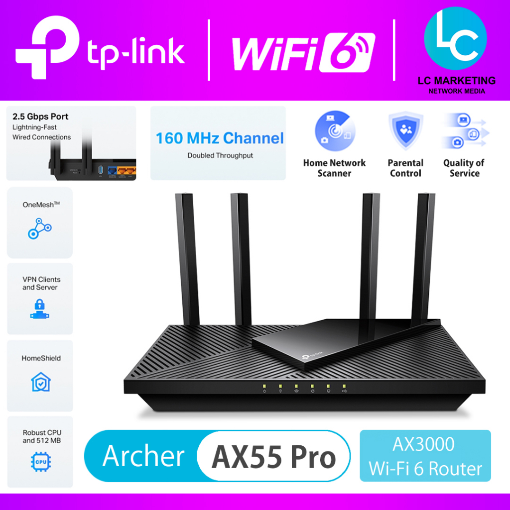 TP-Link Archer AX55 Pro AX3000 Multi-Gigabit Wi-Fi 6 Router with 2.5G Port  for Unifi/Maxis/Times