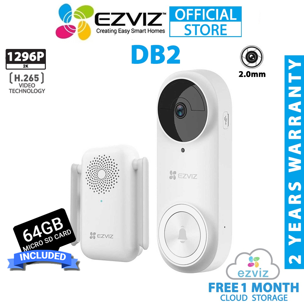 EZVIZ DB2 Wire-Free Video 5200mAh Rechargeable Battery Powered Doorbell ...