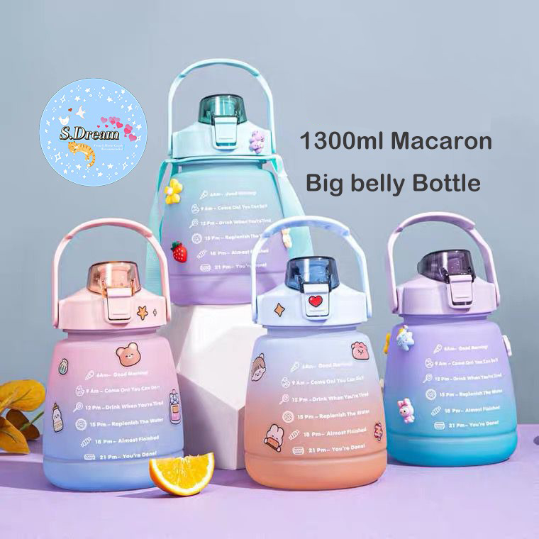 S.D 📣Malay Shipment📣With scale 1300ml straw plastic water bottle summer cute portable big belly