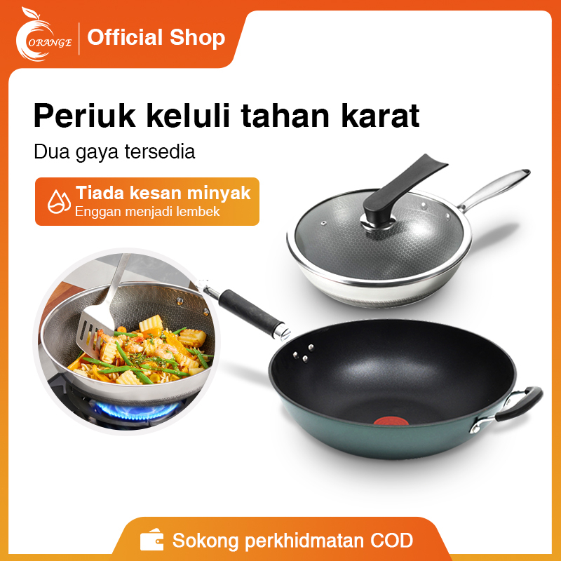 ORANGE Non-stick Wok 316 Stainless Steel Full Screen Pan No Coating Wok ...