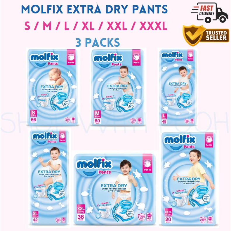 Molfix Extra Dry Pants Baby Diapers S M L XL XXL XXXL X 3