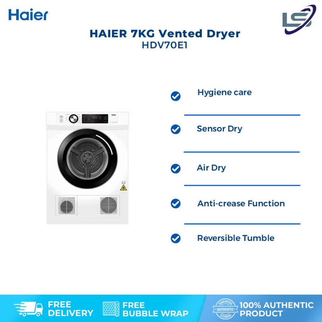 HAIER 7KG Vented Dryer HDV70E1 Eliminate Bacteria Sensor Dry Knob