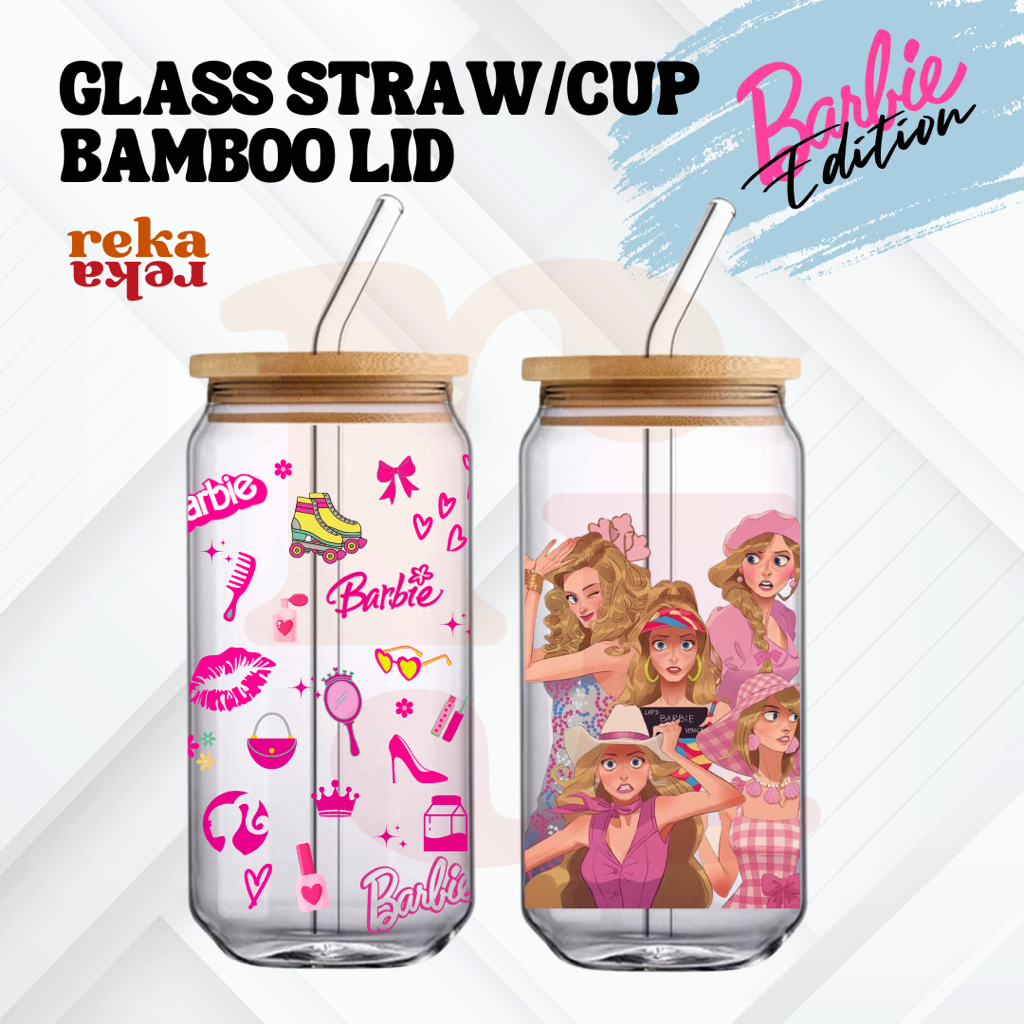 Come on Barbie 16oz Glass Cup with lid & straw, Iced Coffee Cup, Beer Can