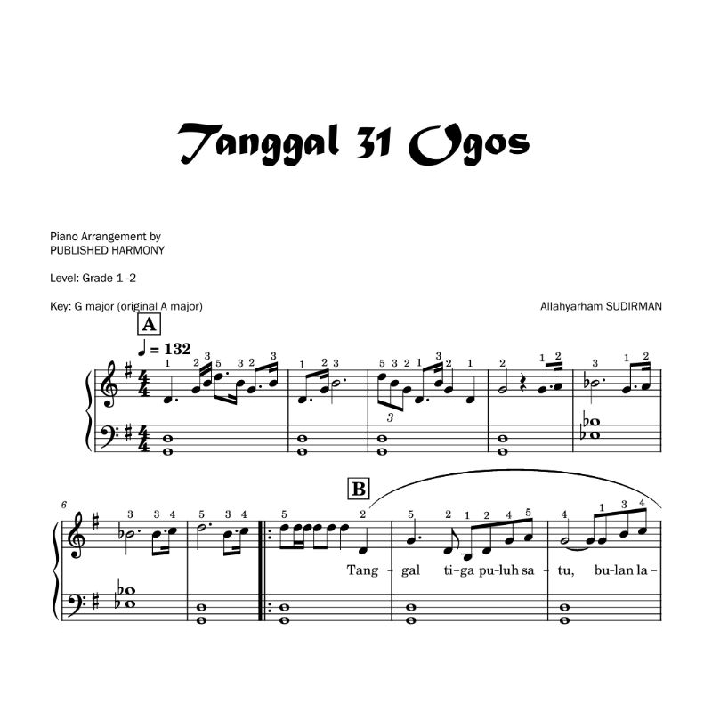 Tanggal 31 Merdeka Song Piano Score with note names for Grade 1 - 3 ...