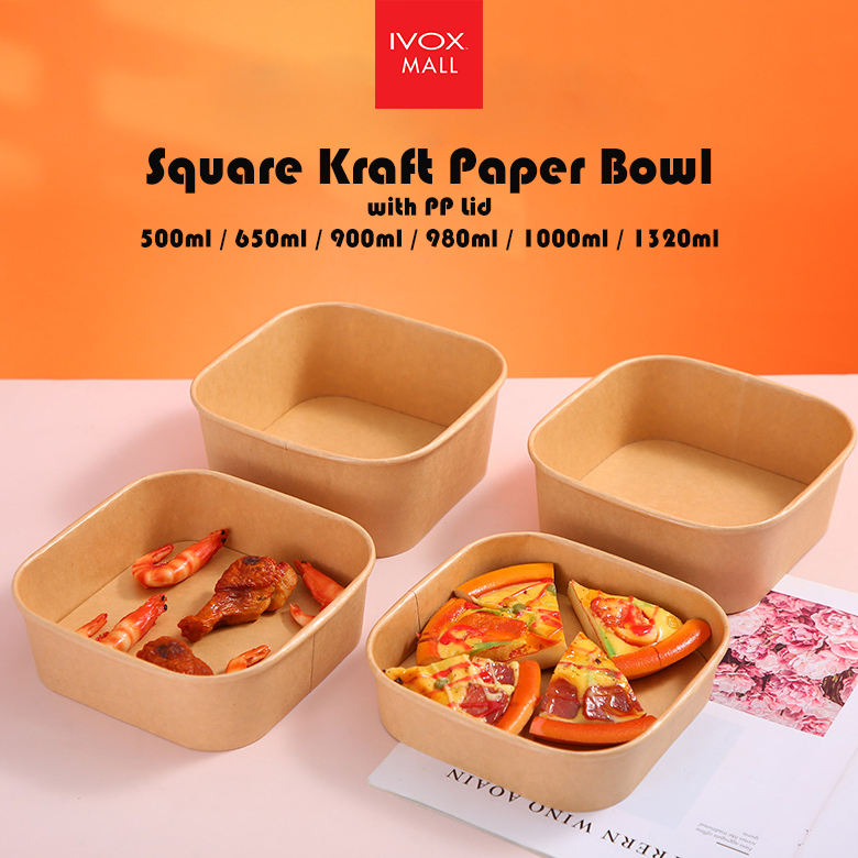 Square Food Kraft Paper Bowl with PP Plastic Lid / Packaging Containers