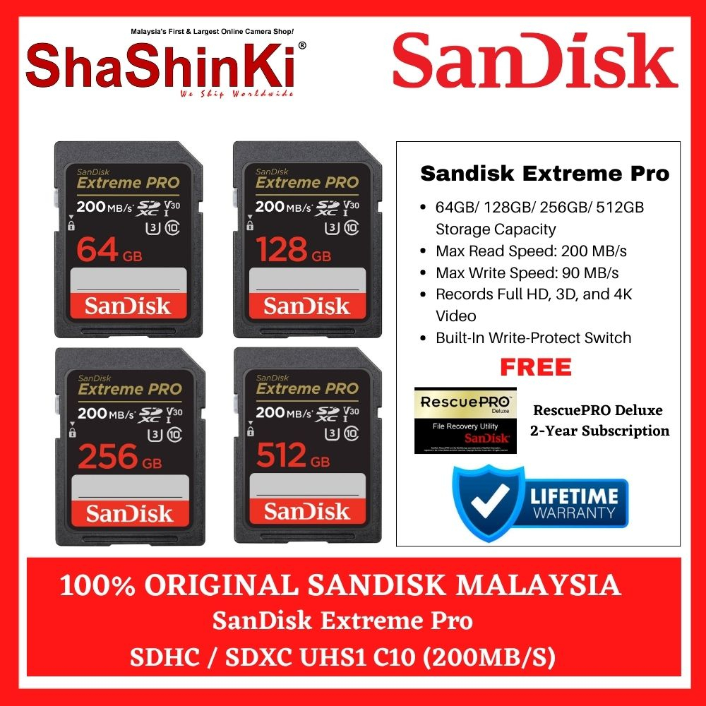 SanDisk Extreme Pro 64GB / 128GB/ 256GB / 512 200 MB/s SD Card U3 4K