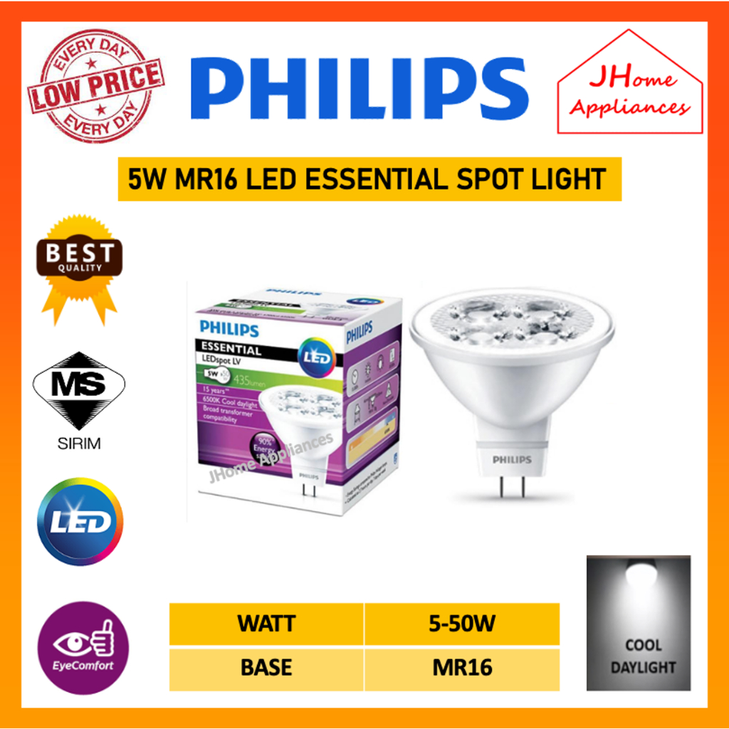 PHILIPS 5W (5-50W) MR16 12V LED SPOT LIGHT BULB ESSENTIAL LED MR16 GU5 ...