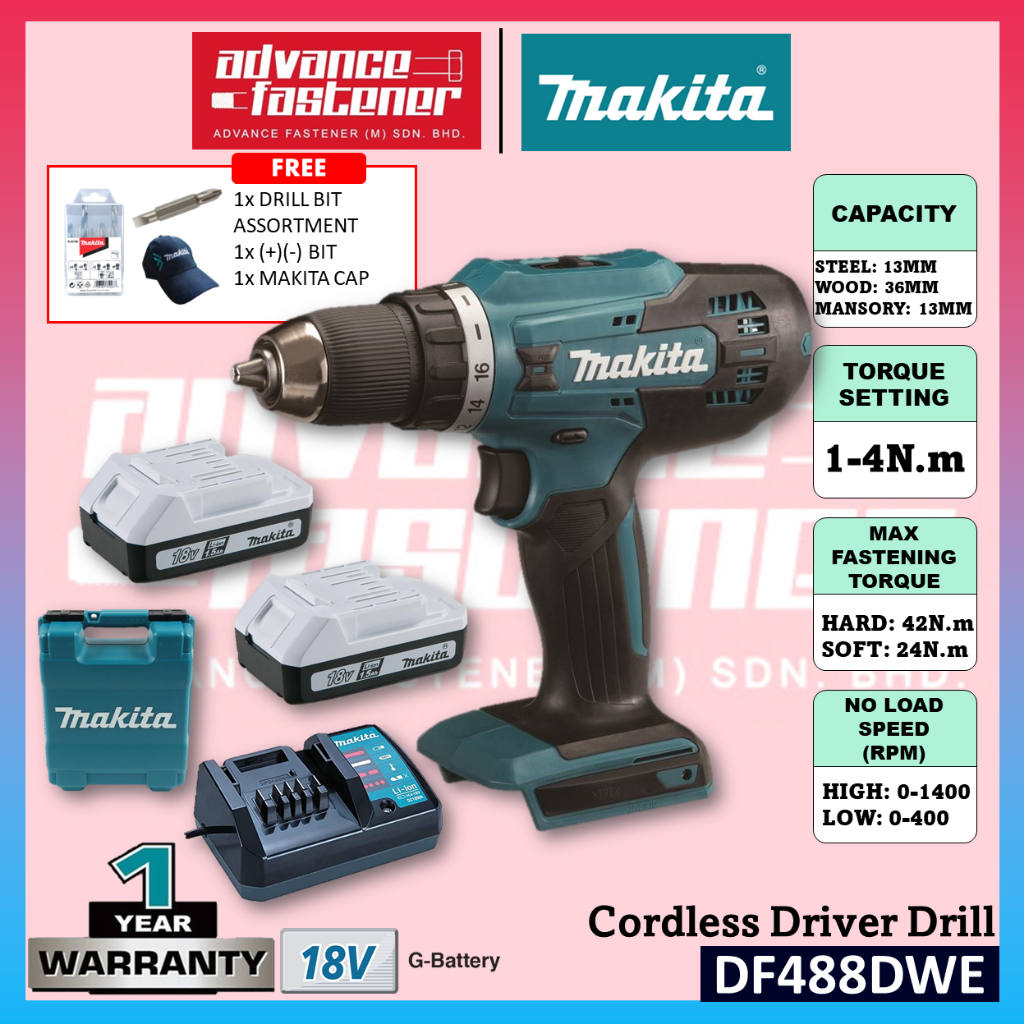 MAKITA DF488DWE / DF488DZ 18V (G-Battery) Cordless Driver Drill 13MM (1 ...