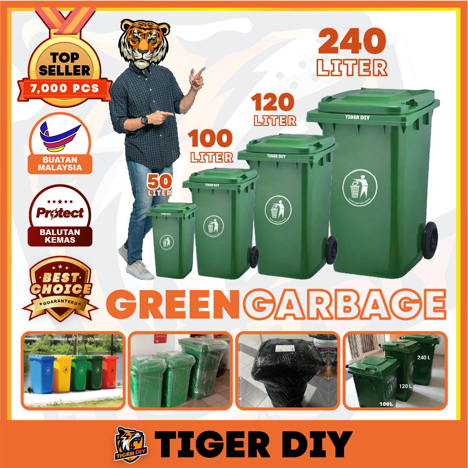 🔥Mobile Garbage Bin 240L 120L 100L 2Wheel Green Bandaraya Heavy Duty