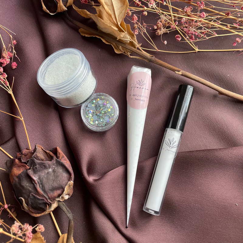 (4 items Set) White Henna Waterproof, Glue, Glitter and Diamonds