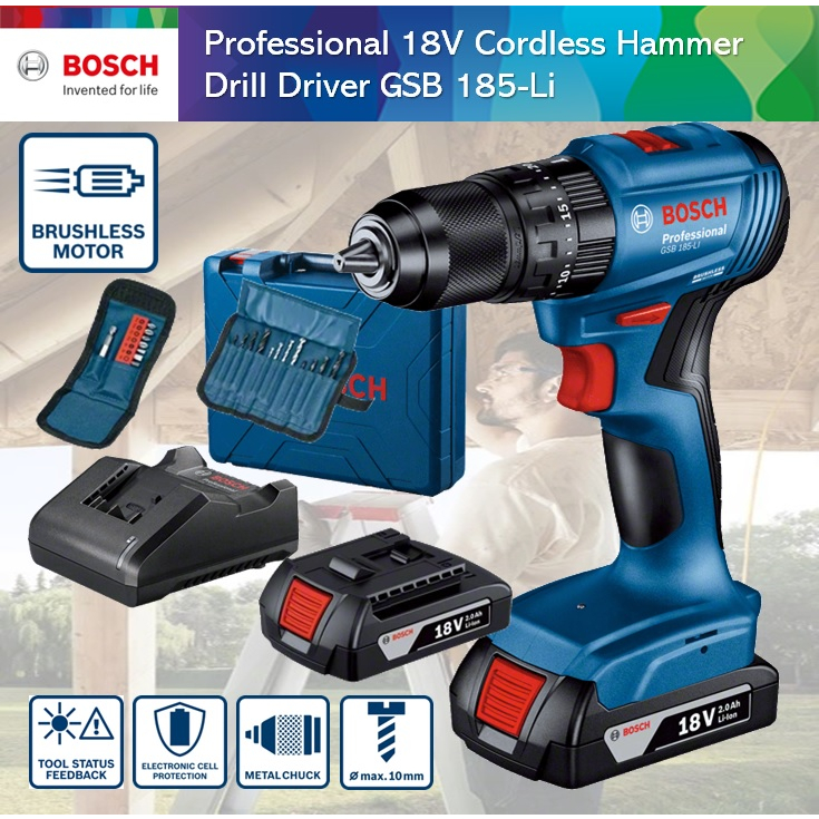 Bosch 18V GSB 185-Li Cordless Hammer Combi Drill Driver (Brushless ...