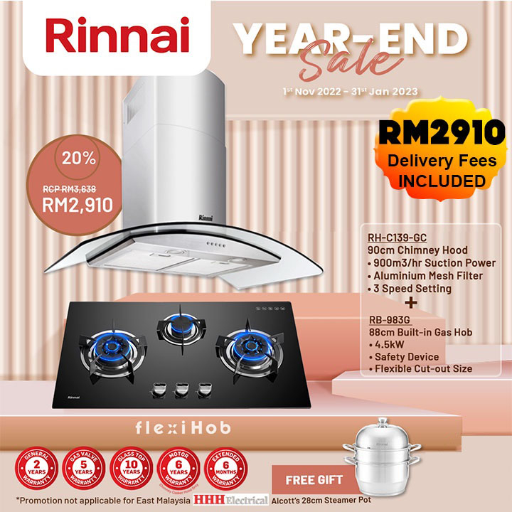 Rinnai 3 Speed Settings 90cm Chimney Hood RHC139GC & Rinnai 3 Burner