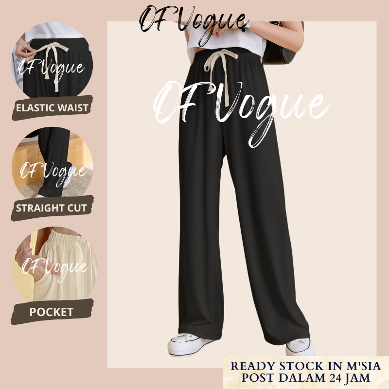 Black Straight Pants Elastic Waist High Waist Loose Drape Casual Split