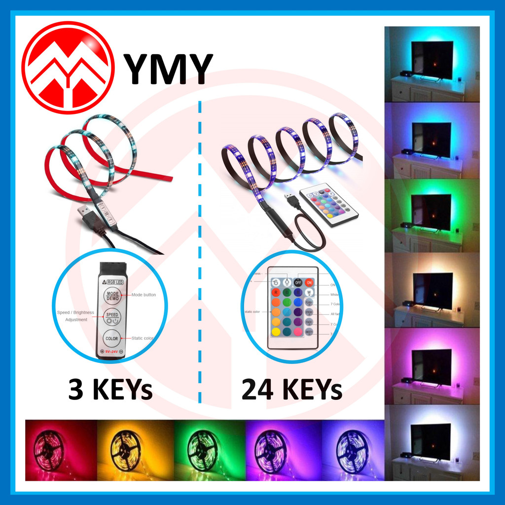 [ 3KEYS NO REMOTE / 24 KEYS REMOTE ] USB LED Strip Light RGB 5050 IP65 ...
