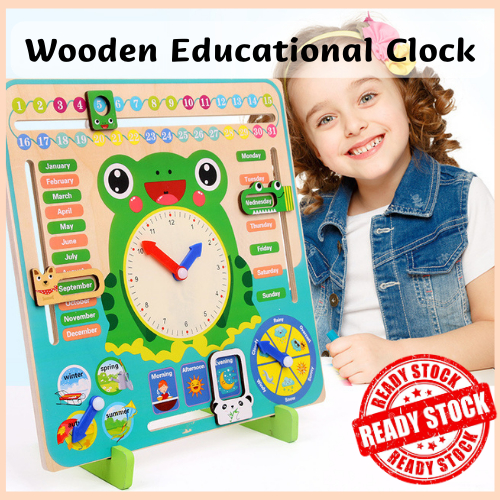 Wooden Cartoon Frog Calendar Clock Set Kids Early Learning Education Toys