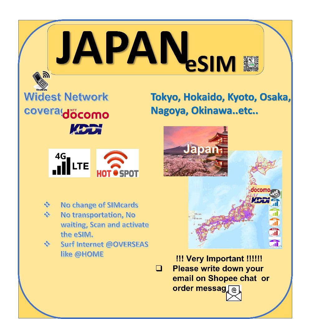 eSIM Japan SIM, (Tokyo, Hokaido, Kyoto, Osaka, Nagoya, Okinawa),