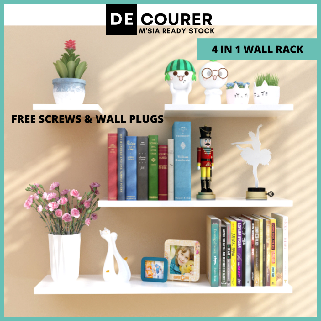 4PCS Floating Wall Shelf Rack Rak Papan Hiasan Kayu Dinding Living ...
