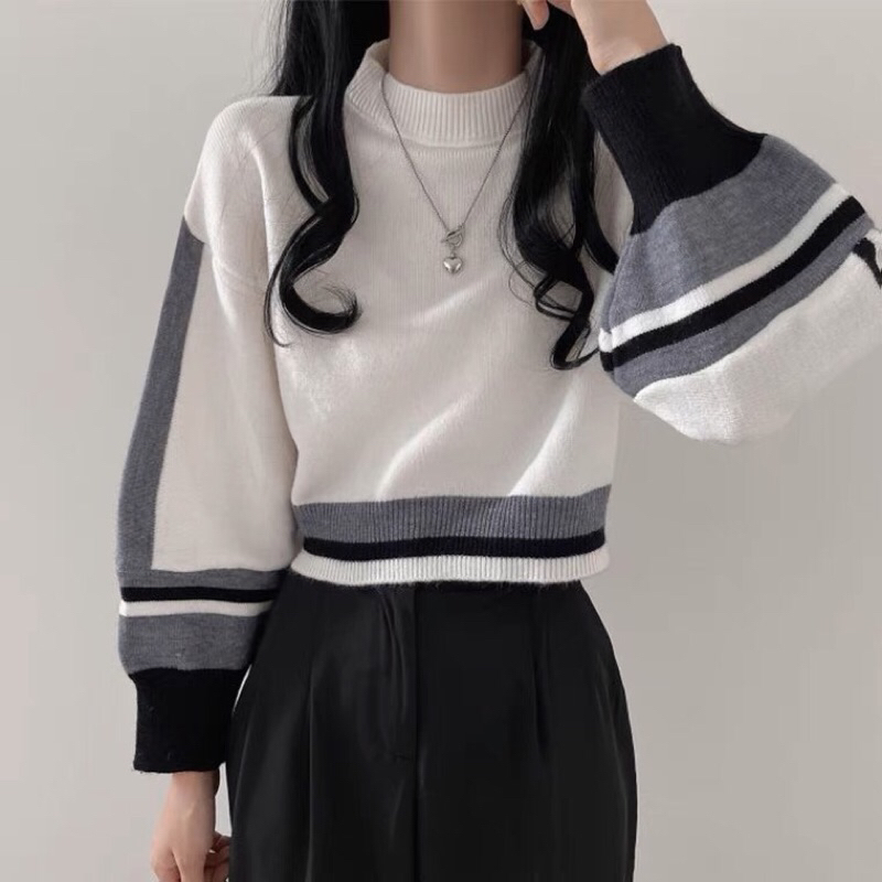 Kyuna Lazy Style Lantern Sleeve Sweater Women Early Spring Clothing Design Feel Niche Loose Short Contrast Color Sweater | Shopee Malaysia