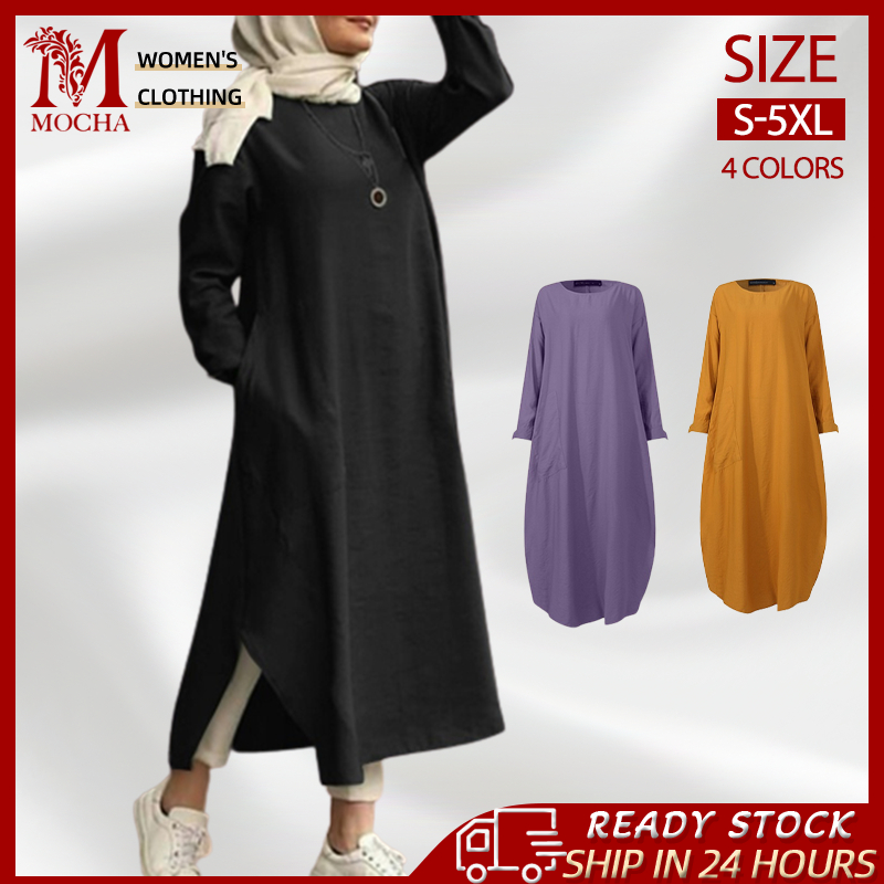 ST252 S5XL Linen Muslimah Dress Plain Color Linen Dress Maxi Long