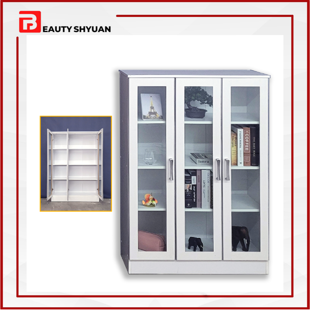 CLASSIC White 3 Door Display Glass Display Rack Book Rack