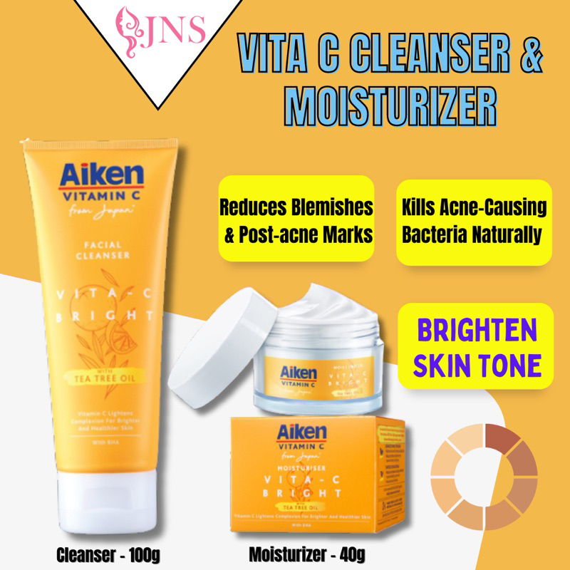 Aiken VitaC Bright Whitening Cleanser 100g/ Moisturizer 40g Pencuci