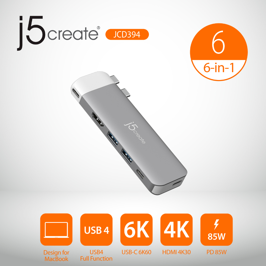 j5create JCD394 6-in-1 Premium USB4 Hub with 6K60 Display, 4K 30Hz