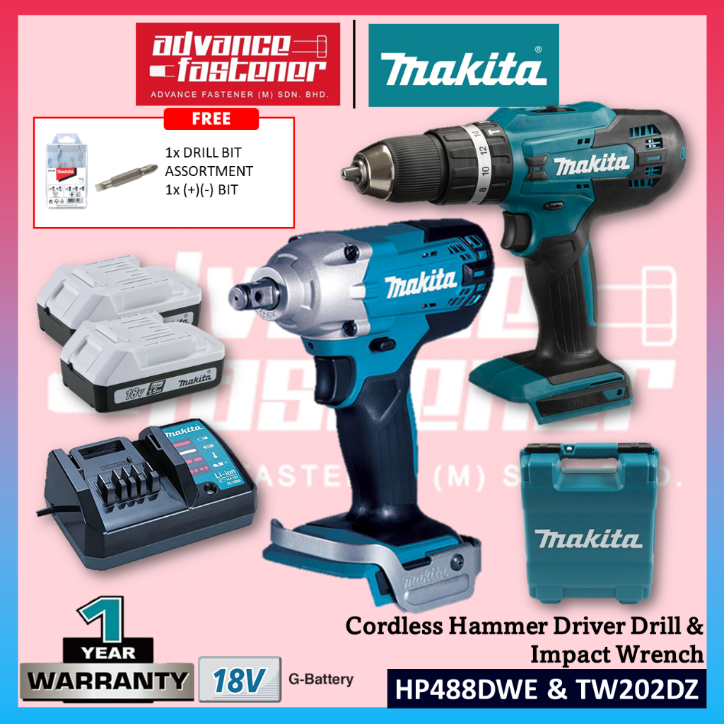 MAKITA HP488DWE & TW202DZ 18V G-Battery Cordless Hammer Driver Drill ...