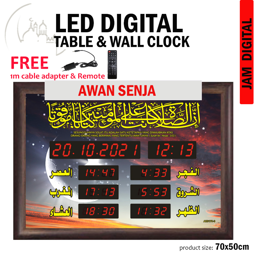 (70cm x 50cm) LED Digital Jam Waktu Jam Azan Digital / Jam Waktu Solat