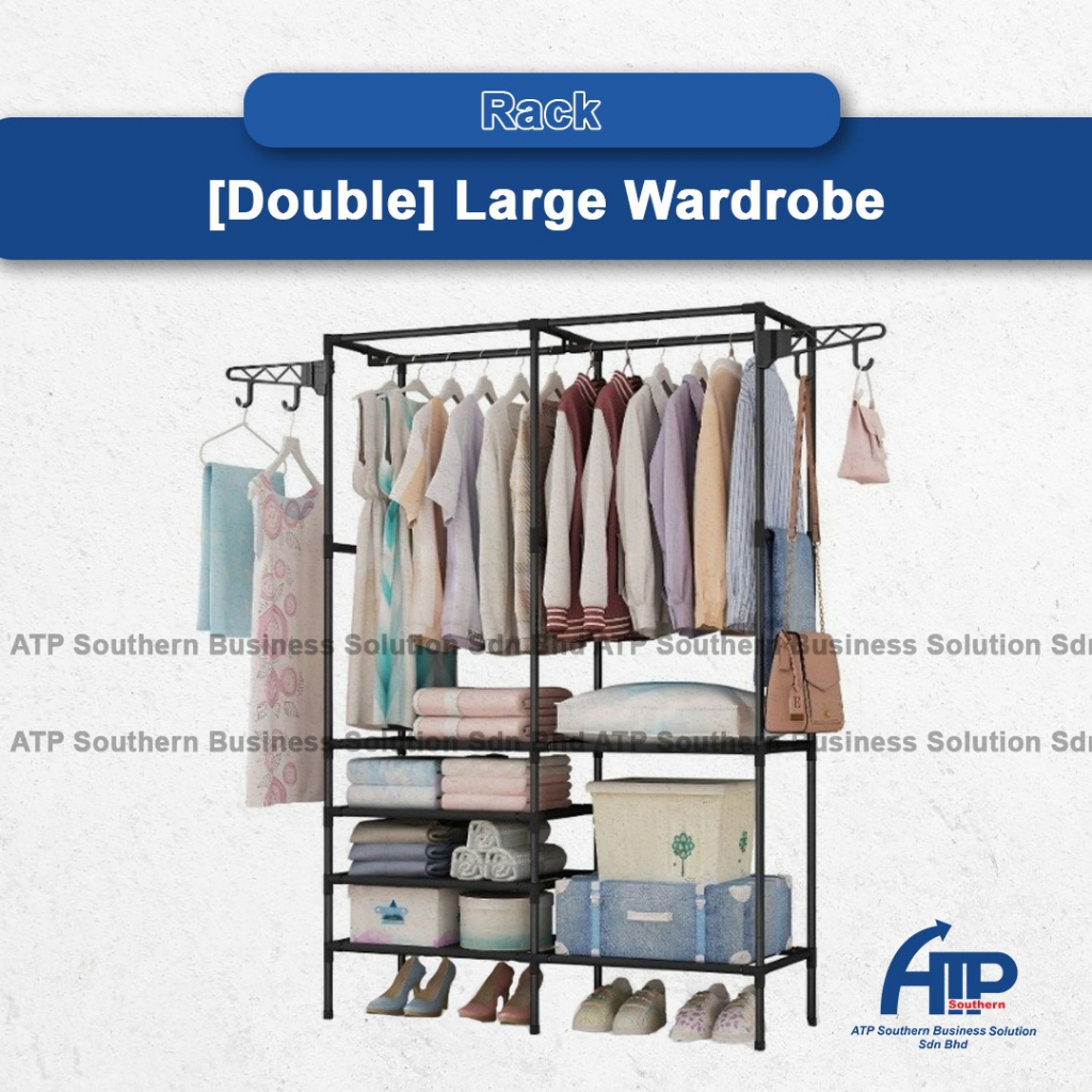 Large 2 Column Stainless Steel Wardrobe Storage Clothes Rack For