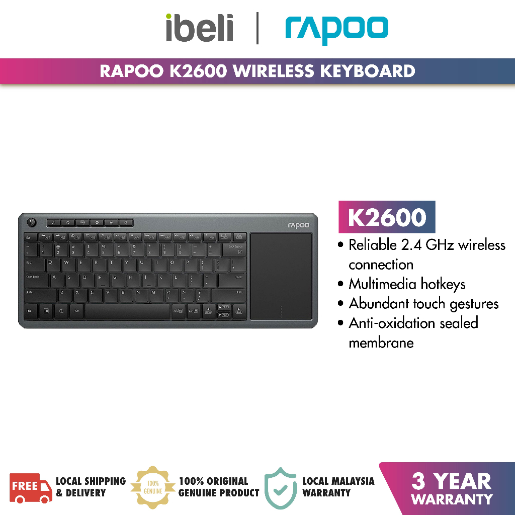 Rapoo Wireless Keyboard Multimedia with Touchpad K2600 Shopee Malaysia