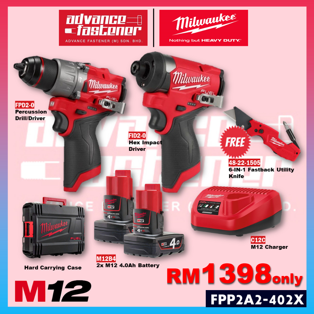 Milwaukee M12 FPP2A2-402X SA ESSENTIAL Combo ( FPD2-0 Percussion Drill ...