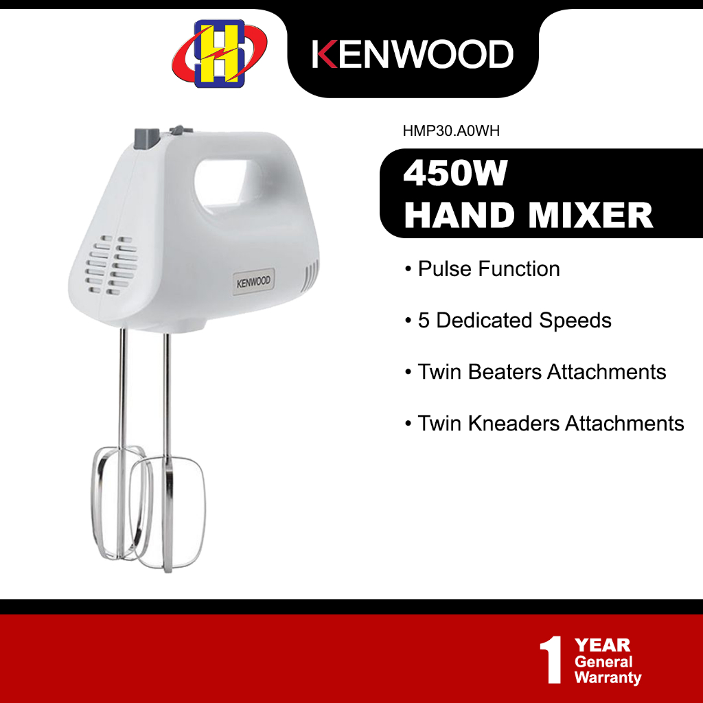 Kenwood Hand Mixer (450W) 5-Speeds + Pulse Function Stainless Steel Twin  Beaters & Kneaders HandMix Lite HMP30.A0WH