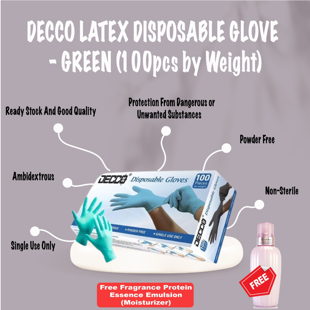 (Ready Stock) Decco Latex Disposable Glove Green 100Pcs by Weight Free Moisturizer Shopee