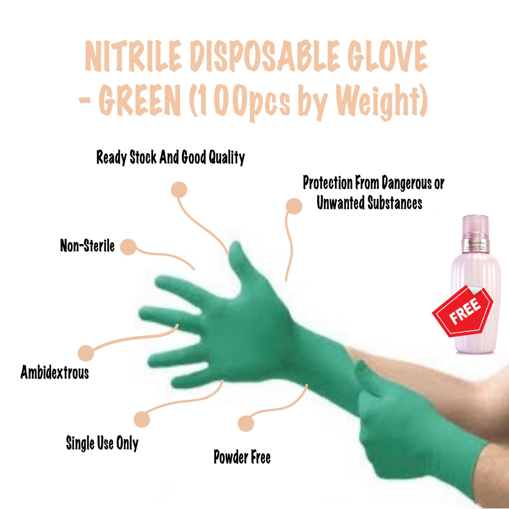 (Ready Stock) Nitrile Disposable Glove Green 100Pcs by Weight (free