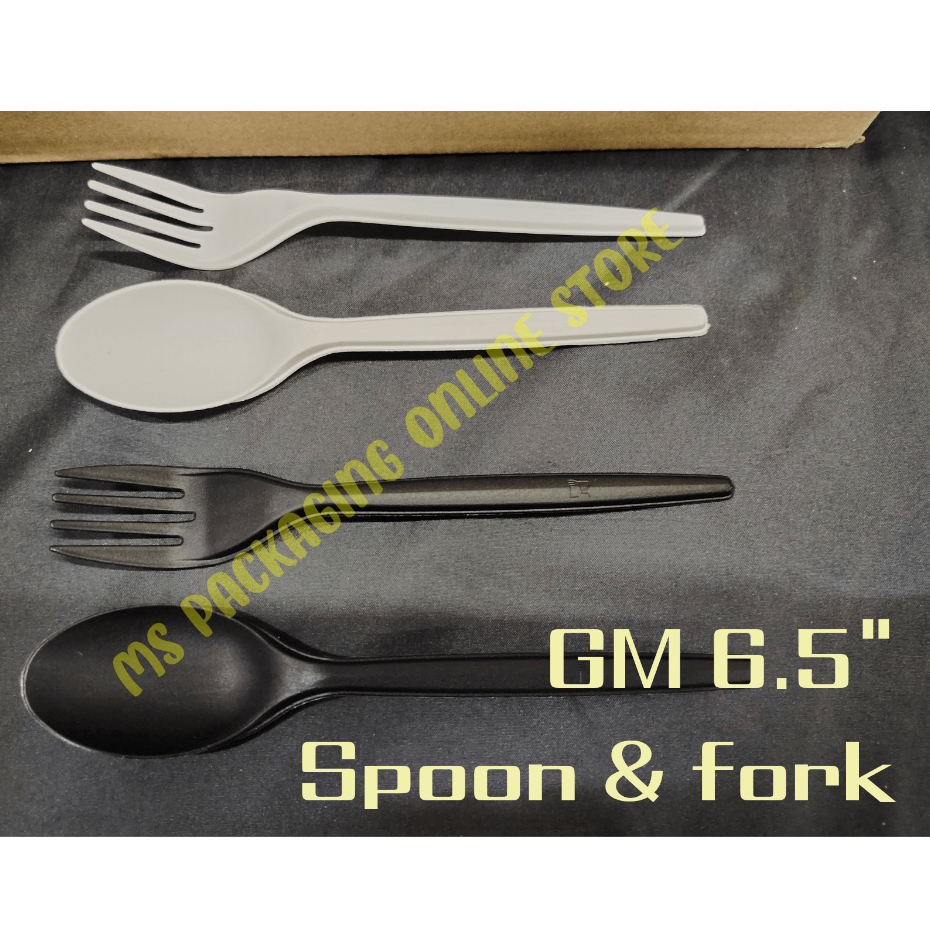 GM 6.5 spoon & fork Black /White 50pcs± Disposable Plastic Spoon