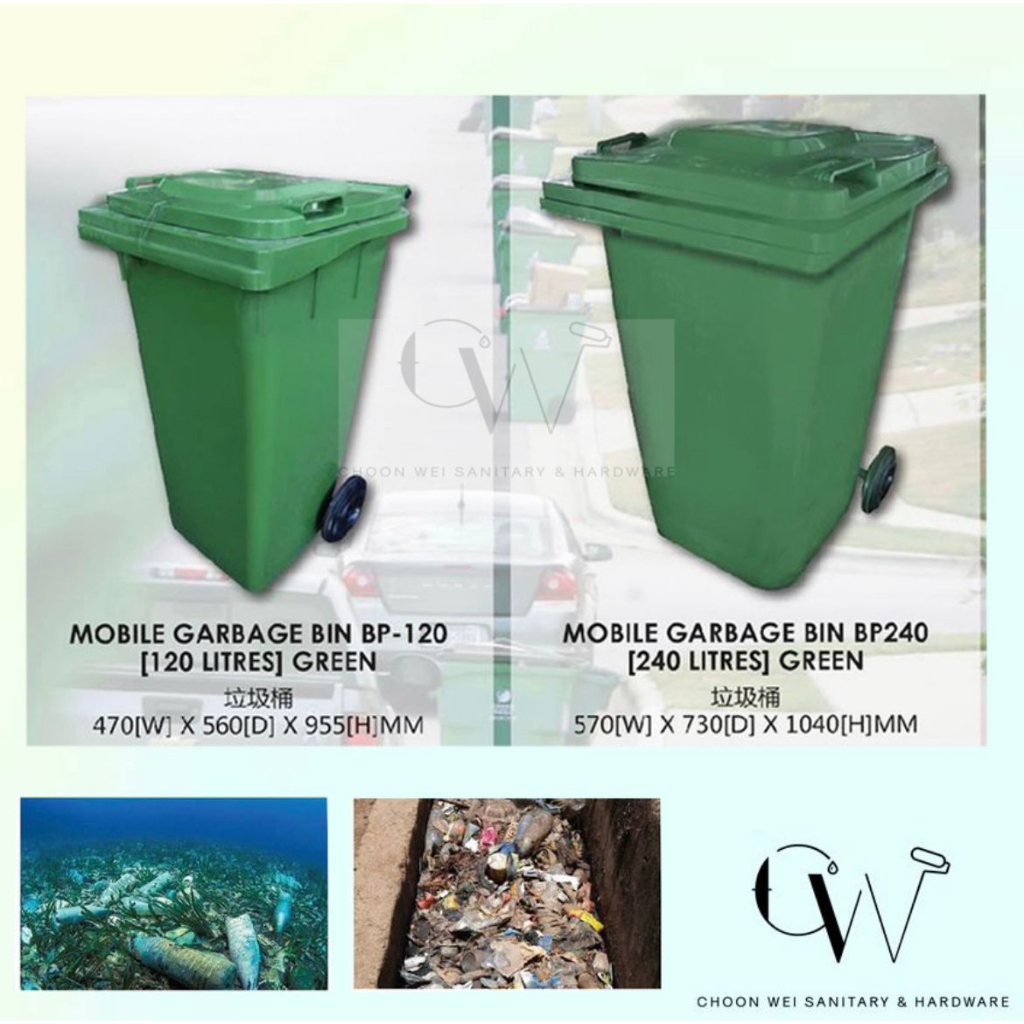 Tong Sampah Besar /Green Plastic Dustbin /Big Green Dustbin /120Litre ...