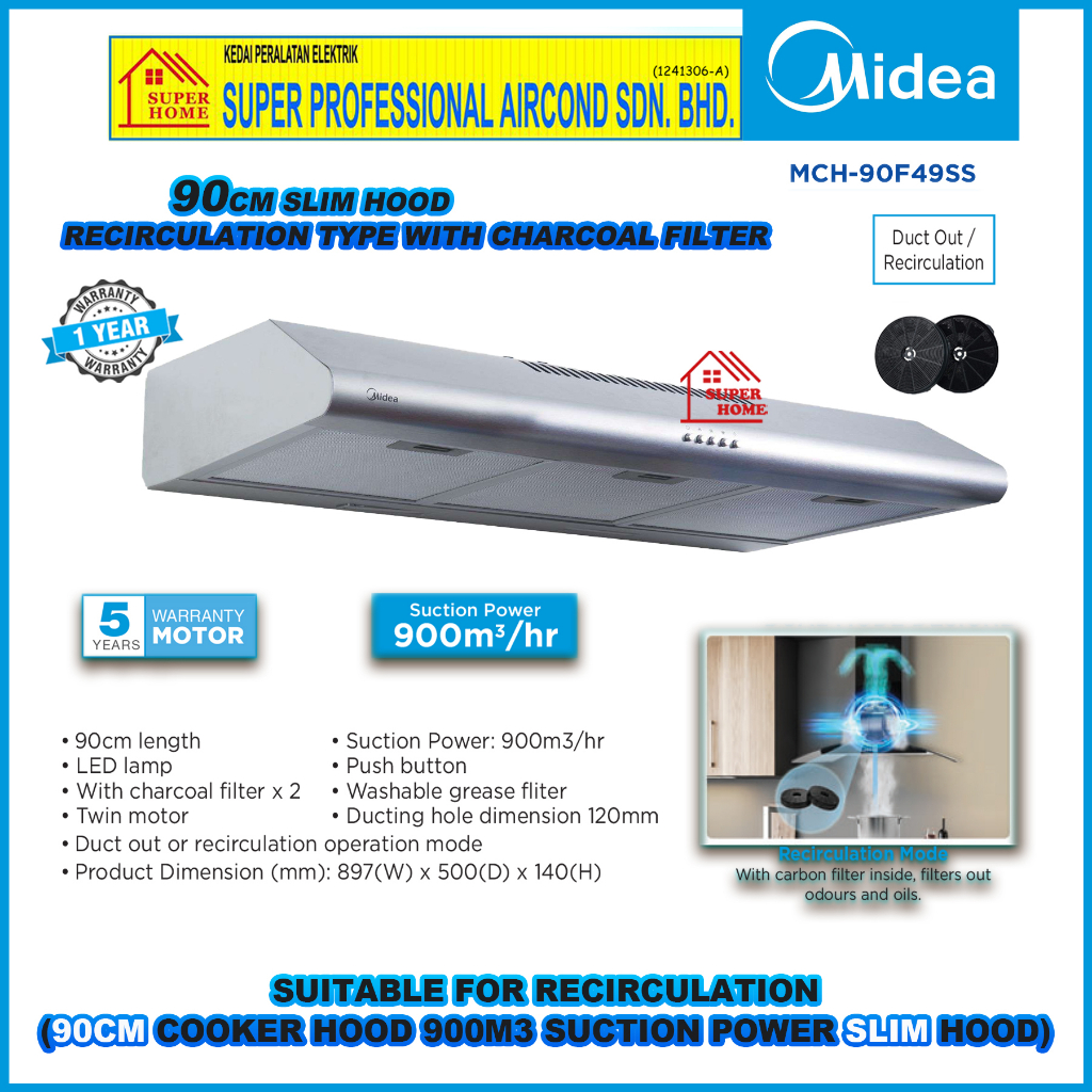 Midea Slim Hood MCH90F49SS ((90cm)) Recirculation System Cooker Hood